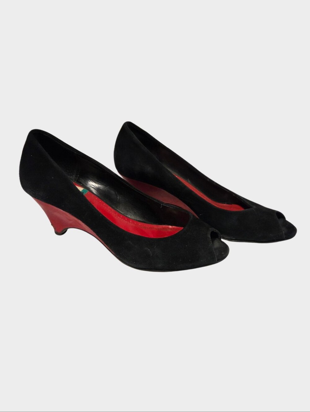 Black Suede Peep-Toe Wedge Pumps with Red Accent